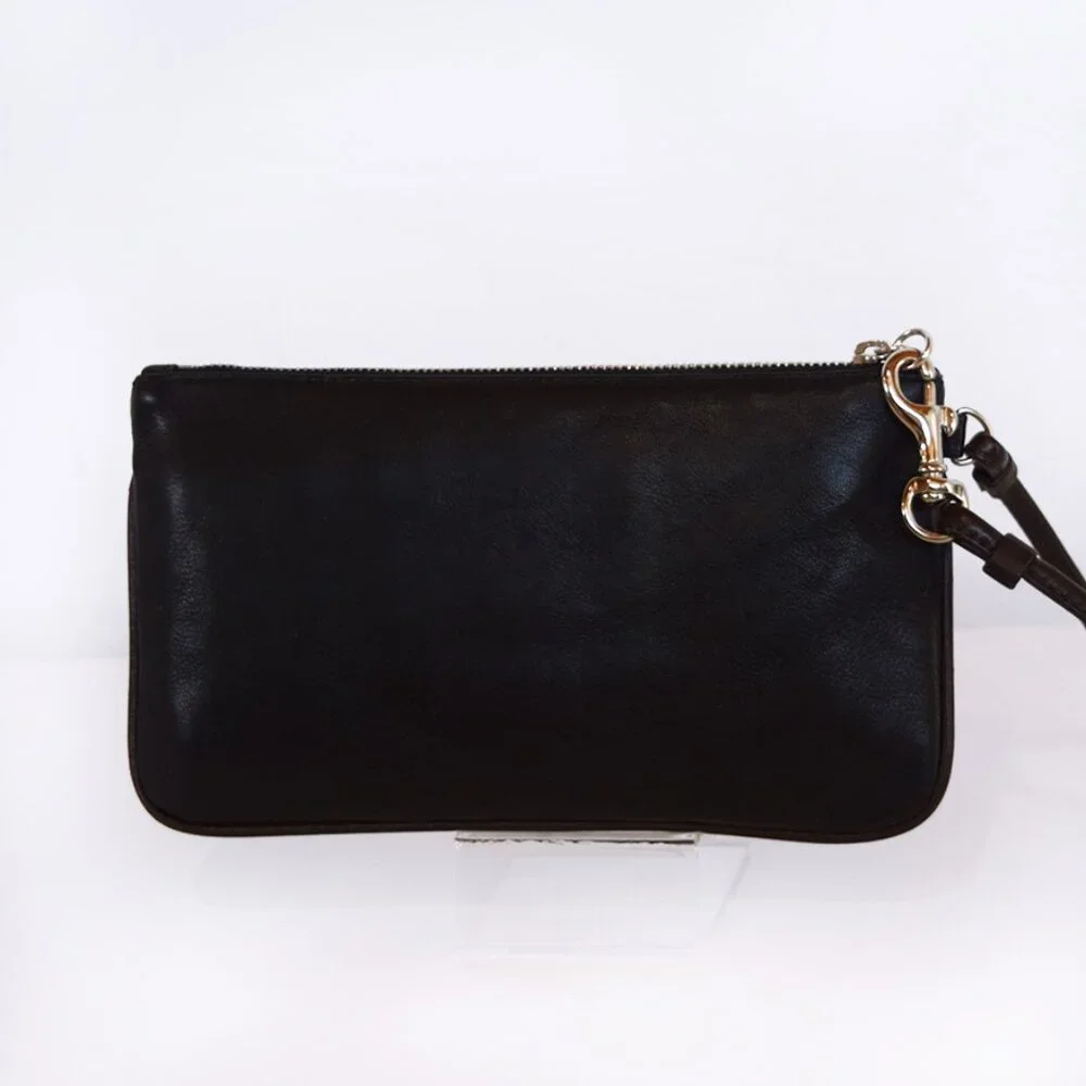 Coach Black Leather Wristlet With Brown Trim